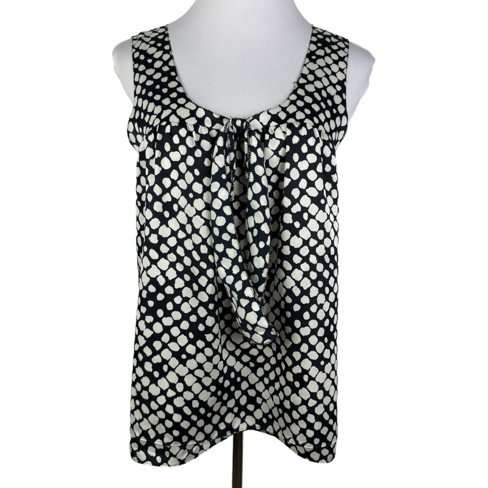 Ann Taylor Loft Dotted Flowy Tie‎ Front Blouse Women's Medium Navy White
